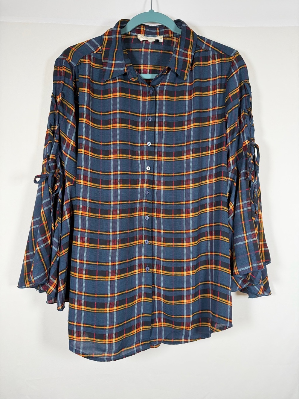 Suzanne Betro Blue Plaid Button-Down Top with Flare Tie Sleeve - Academia, Dark